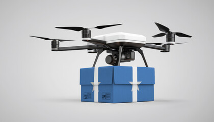 A drone carrying a box with the Somalia flag, symbolizing the future of e-commerce and logistics