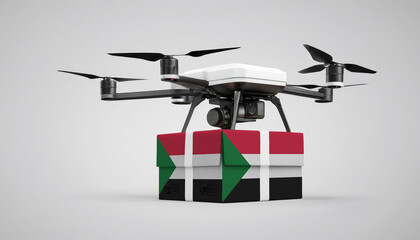 A drone carrying a box with the Sudan flag, symbolizing the future of e-commerce and logistics