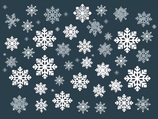 Naklejka na ściany i meble White snowflakes on a gray background, a flat vector illustration in the simple minimalist style of a cute cartoon design with simple shapes