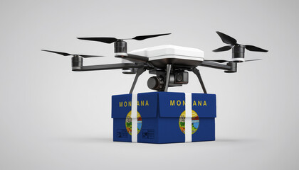 Fototapeta premium A drone carrying a box with the Montana flag, symbolizing the future of e-commerce and logistics