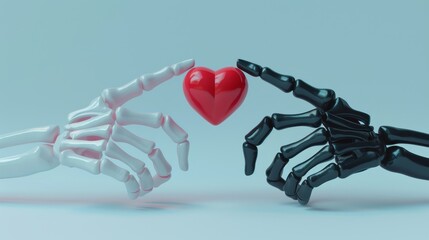 Isolated human gesticulation elements, modern illustration, 3D rendering of black and white palms with bones holding smartphone, pointing with finger, holding red heart. - obrazy, fototapety, plakaty