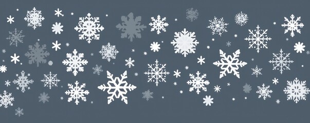 White snowflakes on a gray background, a flat vector illustration in the simple minimalist style of a cute cartoon design with simple shapes