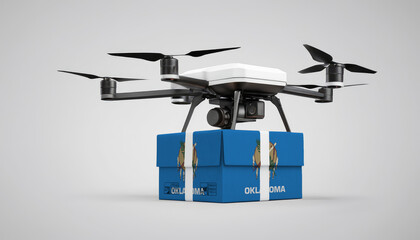 A drone carrying a box with the Oklahoma flag, symbolizing the future of e-commerce and logistics - obrazy, fototapety, plakaty