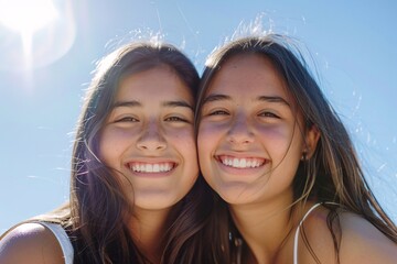 Fototapeta premium Two identical adult twins, embracing each other, radiant with happiness under a sunny sky