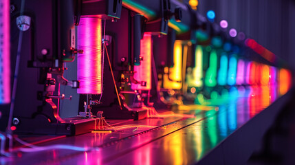 A row of industrial sewing machines with rainbow-colored thread.