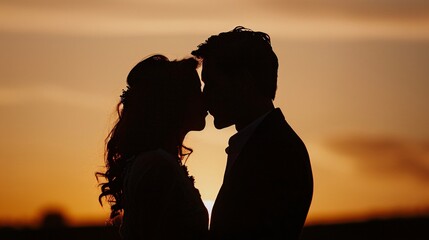 Fototapeta premium Silhouette of a couple sharing a kiss under the warm glow of sunset hues 02