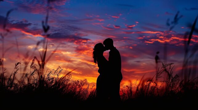 Silhouette of a couple kissing under a colorful sunset, with warm hues blending in the sky. The scene evokes love, romance, and tranquility 02