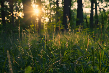Wild grasses bask in the warm, golden light of the setting sun in a serene forest, creating a peaceful and picturesque scene.