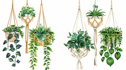 A set of macrame hangers with potted plants, flowers and leaves isolated on a white background.