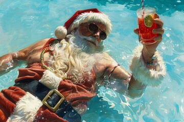Realistic depiction of Santa Claus relaxing in a pool, soaking up the summer sun, with a cocktail in hand 03