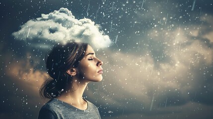 Profile view of a young woman with rainy clouds above her head