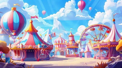 It includes a carnival, funfair with a circus tent, roller coaster, carousel, ferris wheel, hall of mirrors, and ticket booths. Summer scene with attractions and balloons. - obrazy, fototapety, plakaty
