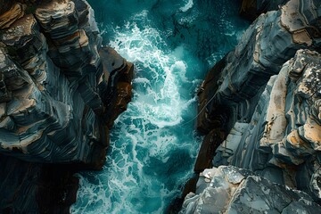 Aerial View of Turquoise Sea Waves Crashing Against Rocky Cliff