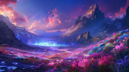 Fototapeta na wymiar Fantasy alien planet. Mountain landscape with lake and flowers. 3D illustration