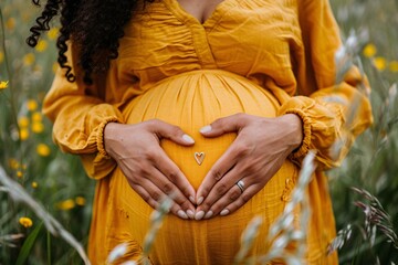 Portrait of a pregnant woman, close-up shot, tranquil atmosphere, hands forming a heart on her belly 05