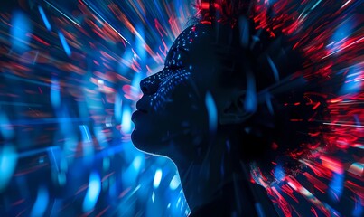 Surreal profile of person immersed in music, depicted with abstract light patterns. Ecstasy in sound as portrait of sensory bliss - obrazy, fototapety, plakaty