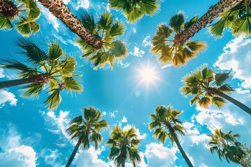 Sunny Tropical Scenery with Palm Trees and Clear Blue Sky