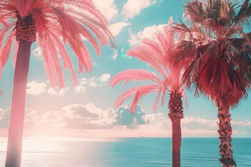 Vibrant Pink Palm Trees Under Candy-Colored Sky