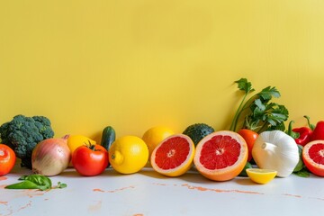Table with assorted fruits and vegetables on yellow background