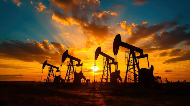 A sunset over a field of oil wells - Powered by Adobe