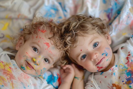 Lifelike portrait of twin toddlers enjoying a messy painting session, their faces smeared with colors 01