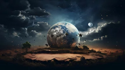 Peel and stick wall murals Full moon and trees Fantasy landscape with planet and trees. Elements of this image furnished by NASA
