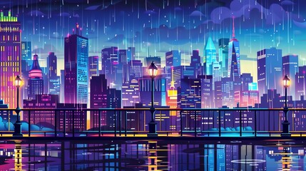 Night rainy city skyline view from bridge with street lamps, railings and neon glowing skyscraper buildings. Cartoon modern illustration.