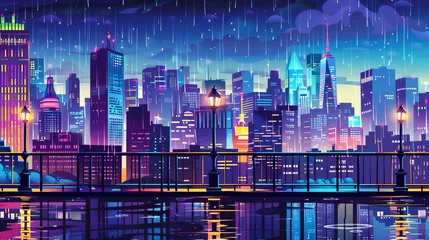 Poster Night rainy city skyline view from bridge with street lamps, railings and neon glowing skyscraper buildings. Cartoon modern illustration. © Mark