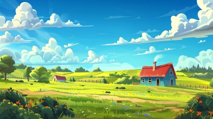 Modern illustration of a rural landscape with a house, farm buildings, green field under a clear blue sky with white clouds. - obrazy, fototapety, plakaty