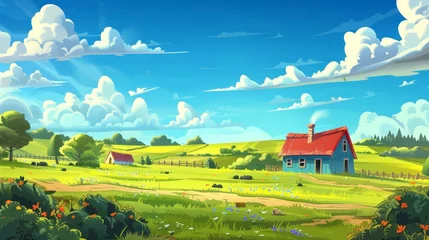  Modern illustration of a rural landscape with a house, farm buildings, green field under a clear blue sky with white clouds. © Mark