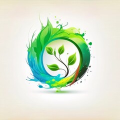 Ecology abstract background with green leaves and watercolor splash. Vector illustration.