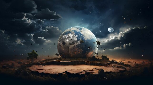 Fantasy landscape with planet and trees. Elements of this image furnished by NASA