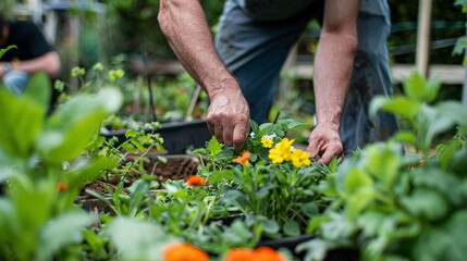 Fototapeta premium Hands planting flowers and plants in a sunny garden 01