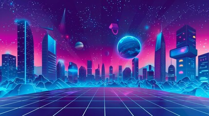 Future virtual reality background with cityscape simulation and planets in the sky at night, futuristic cartoon illustration. - obrazy, fototapety, plakaty