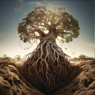 Big tree with roots in the desert. 3d render illustration.