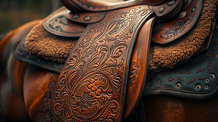 Detailed craftsmanship on leather saddle in bright daylight on horseback