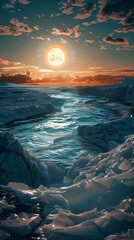 Fantasy landscape with icebergs in the lake at sunset. 3d illustration