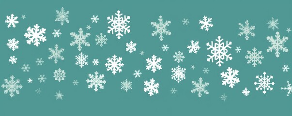 White snowflakes on a mint green background, a flat vector illustration in the simple minimalist style of a cute cartoon design with simple shapes