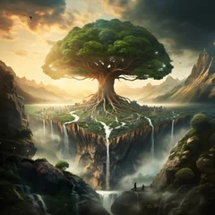 Rolgordijnen Fantasy landscape with big tree and waterfall. 3D illustration. © Hawk