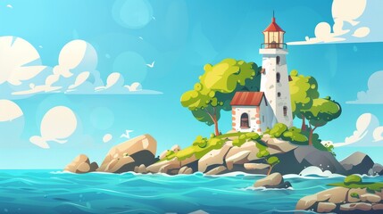 Stunning seascape background with lighthouse on island and house on rocky coast in ocean. Beacon and building on harbor. Beautiful modern illustration.