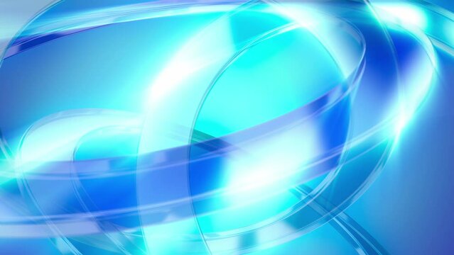 Abstract blue background loop of shining 3D glass rings with light rays.