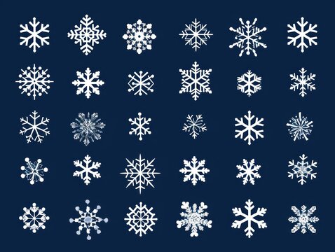 White snowflakes on a navy blue background, a flat vector illustration in the simple minimalist style of a cute cartoon design with simple shapes