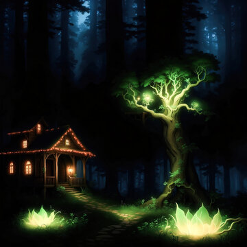 a highly detailed magical and enchanted fairy tale forest environment surrounded with a mysterious fog with cool and warm lights created with using Generative AI Technology