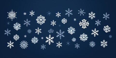 White snowflakes on a navy blue background, a flat vector illustration in the simple minimalist style of a cute cartoon design with simple shapes