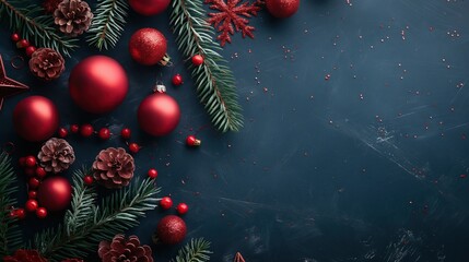 A dark blue Christmas background with red and green decorations