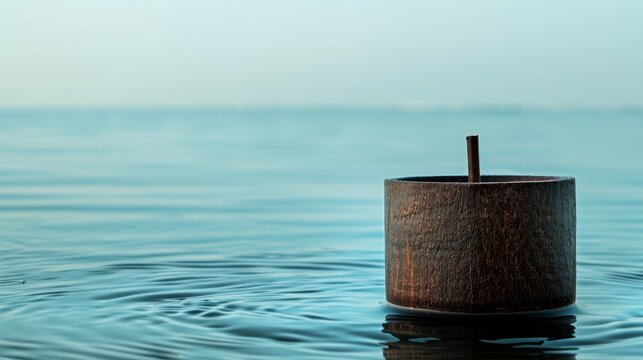   A wooden bucket in a body of water, its top punctuated by a protruding wooden stick