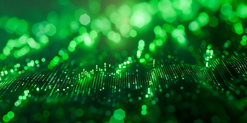 Green digital waves with bright particles, representing data flow or network in a cyberspace, ideal for technology-themed backgrounds or wallpapers. 