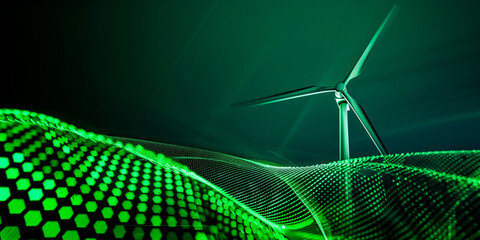 Wind turbine illuminated by green lights on a digital landscape, showcasing renewable energy and technology integration for a sustainable future. 