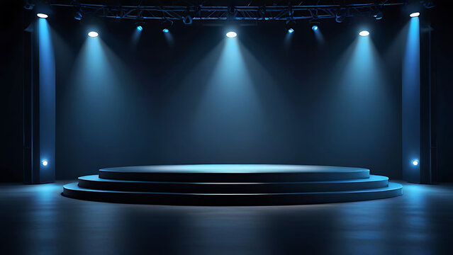 3D render of a stage podium scene for an award ceremony against a blue background. Empty stage in a modern environment with blue backdrop lighting. | Generative AI