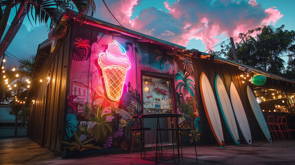 Neon ice cream sign with a tropical summer vibe and surfboards